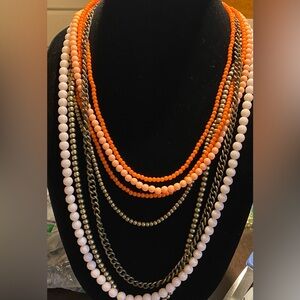 19” gold tone, Salmon, pink, white beaded multi strand necklace